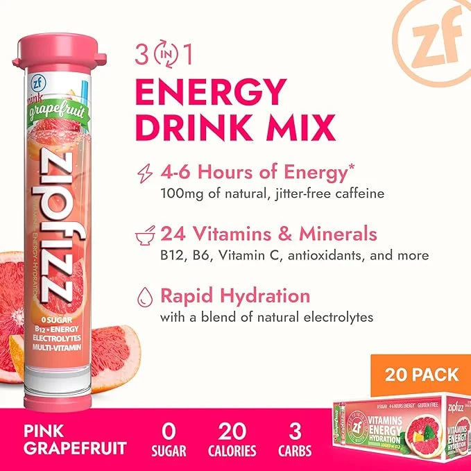Zipfizz Daily Energy Drink Powder, Pink Grapefruit, 20 Pack | 3-in-1 Sustained Energy, Rapid Hydration, and Essential Vita...