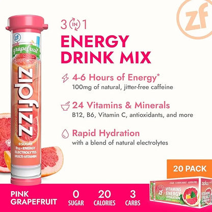 Zipfizz Daily Energy Drink Powder, Pink Grapefruit, 20 Pack | 3-in-1 Sustained Energy, Rapid Hydration, and Essential Vita...