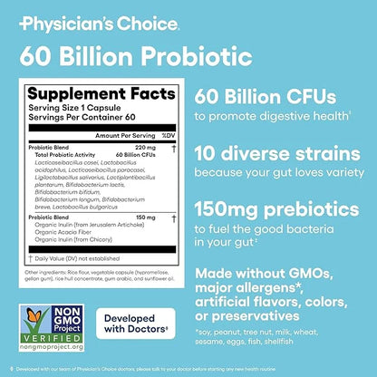 Physician's CHOICE Probiotics 60 Billion CFU - 10 Strains + Organic Prebiotics - Immune, Digestive & Gut Health - Supports...