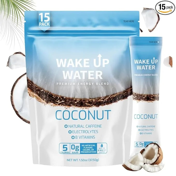 Wake Up Water - Energy + Hydration Sugar Free 15 Pack, Coconut Flavor - Energy Drink Powder, Electrolytes Powder Drink, Na...
