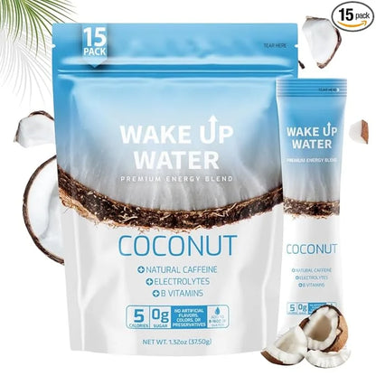 Wake Up Water - Energy + Hydration Sugar Free 15 Pack, Coconut Flavor - Energy Drink Powder, Electrolytes Powder Drink, Na...