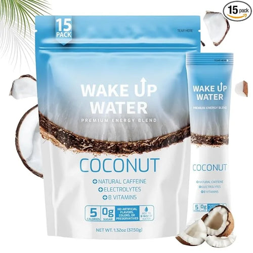 Wake Up Water - Energy + Hydration Sugar Free 15 Pack, Coconut Flavor - Energy Drink Powder, Electrolytes Powder Drink, Na...