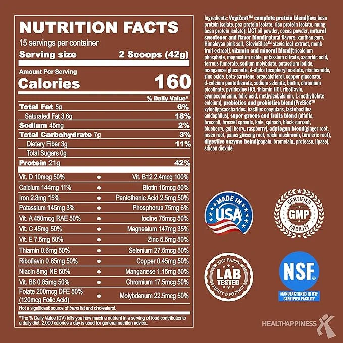 UpNourish Chocolate Vegan Protein Powder 54 Superfoods Powder,1.5 Billion CFU Probiotics 21g Plant Based Protein,No Sugar ...