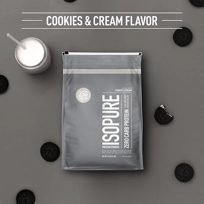 Isopure Zero Carb 100% Pure Whey Isolate Protein Powder, Lactose Free, Gluten Free, With Vitamins, Cookies & Cream, 25g Pr...
