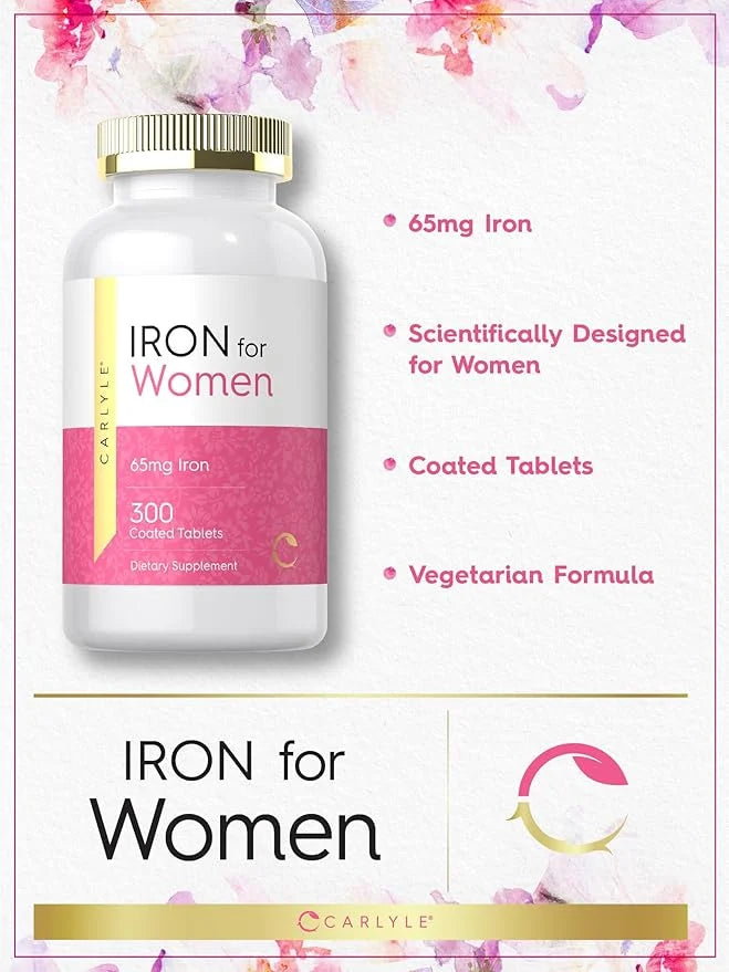 Carlyle Iron for Women 65mg | 300 Coated Tablets | Vegetarian, Non-GMO & Gluten Free Supplement - Product Image