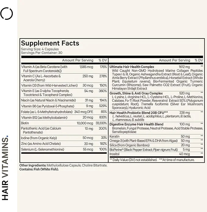 Codeage Hair Vitamins 10000 mcg Biotin, Keratin, Collagen, Vitamin A, B12, C, D3, E, Zinc, Turmeric, Probiotics, Enzymes, ...