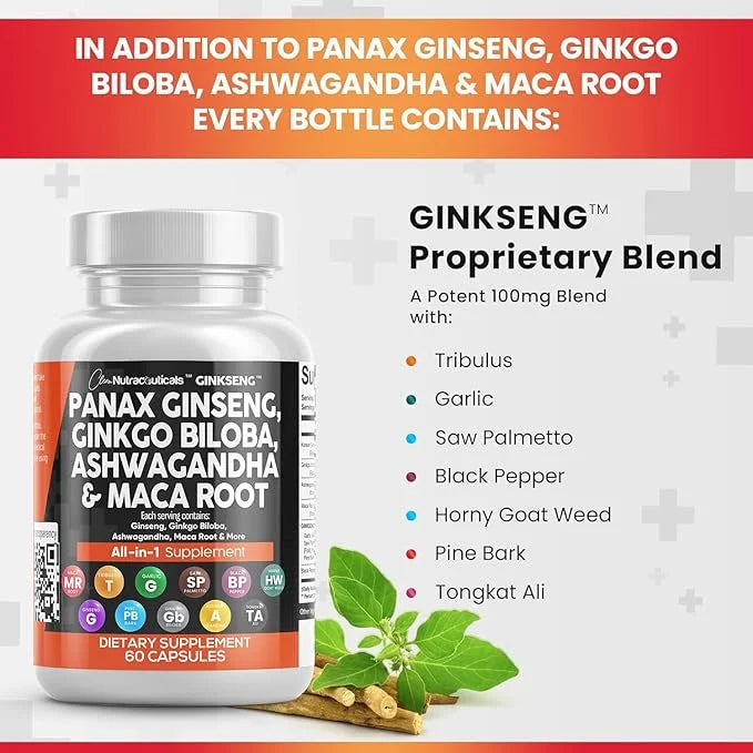 Clean Nutraceuticals Panax Ginseng 10000mg Ginkgo 4000mg Ashwagandha 3000mg - 60 Caps