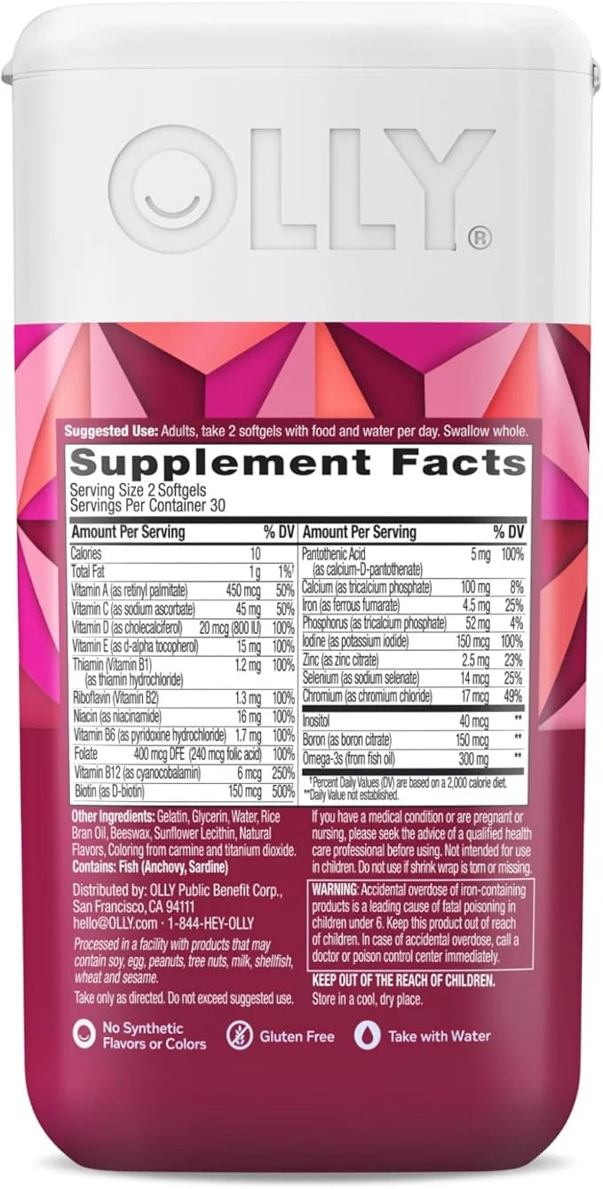 OLLY Ultra Women's Multi Softgels, Overall Omega-3s, Iron, B12, Daily 30 Day 60 Count