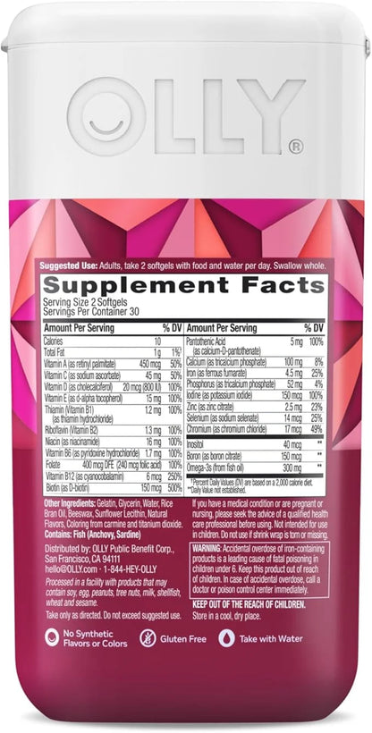 OLLY Ultra Women's Multi Softgels, Overall Omega-3s, Iron, B12, Daily 30 Day 60 Count