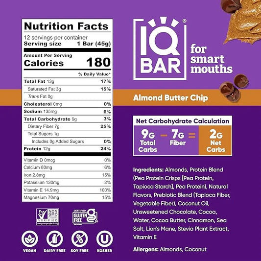 IQBAR Brain and Body Plant Protein Bars - Almond Butter Chip - 24-Count Low Carb - Gluten Free, High Fiber, Vegan Snacks -...