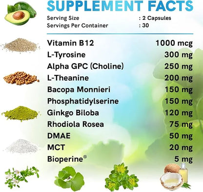 12-in-1 Nootropic Brain Supplement Anhydrous: Ginkgo Biloba for Brain Support, Memory and Focus - B12, Alpha GPC, L Theani...