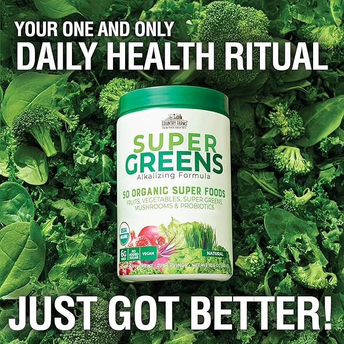COUNTRY FARMS Organic Super Greens Natural Flavor, 50 Organic Super Foods, Packed with Fiber, USDA Organic Drink Mix, Frui...