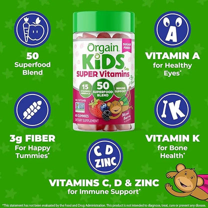 Orgain Kids Sugar Free Multivitamin Gummies, 50 Superfoods, 15 Vitamins 3g of 4+, 1 1 Month (60 Gummies)