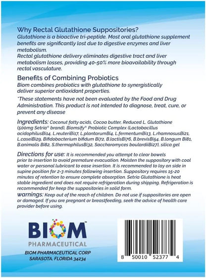 High Potency 500mg Reduced L-Glutathione (Setria Brand) + Probiotic Suppository. Maximum Bioavailable Glutathione Formulat...