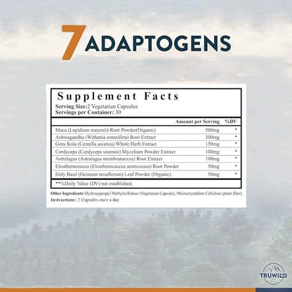 TruWild Adaptogens Vegan Capsule Supplement w/Ashwagandha 40 Servings