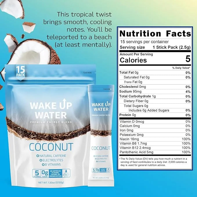 Wake Up Water - Energy + Hydration Sugar Free 15 Pack, Coconut Flavor - Energy Drink Powder, Electrolytes Powder Drink, Na...