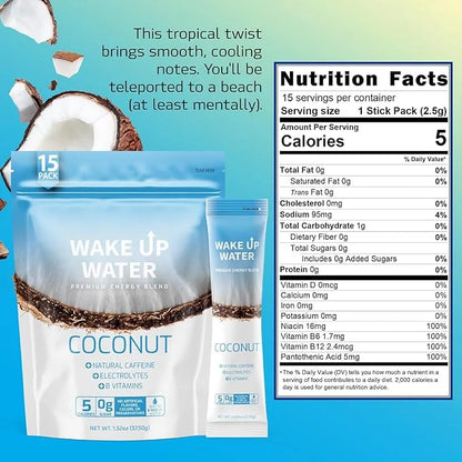 Wake Up Water - Energy + Hydration Sugar Free 15 Pack, Coconut Flavor - Energy Drink Powder, Electrolytes Powder Drink, Na...