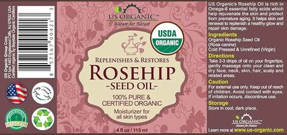 US Organic Rosehip Seed Oil, USDA Certified Organic, Cold Pressed, Virgin Organic, Amber Glass Bottle and Glass Eye Droppe...