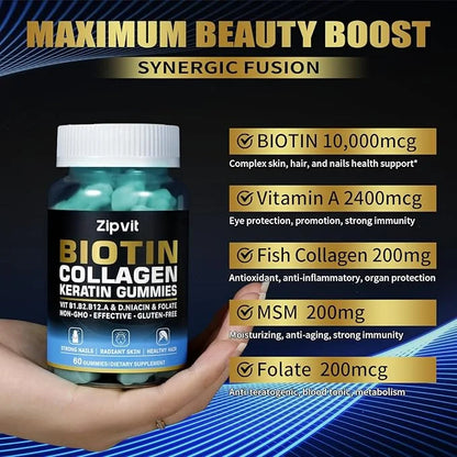 Biotin Collagen Gummies – Hair Skin B1, B2, B2, B3, B3, B6, B6, B7, B7, Collagen, 60 Gummy