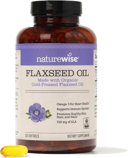 NatureWise Flaxseed Oil 1200mg Softgels 720mg ALA, 3 6 6 9, 9, Supplement 120 Softgels[2-Month Softgels[2-Month Supply]