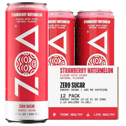 ZOA Zero Sugar Energy Drinks, Strawberry Watermelon - Sugar Free with Electrolytes, Healthy Vitamin C, Amino Acids, Essent...