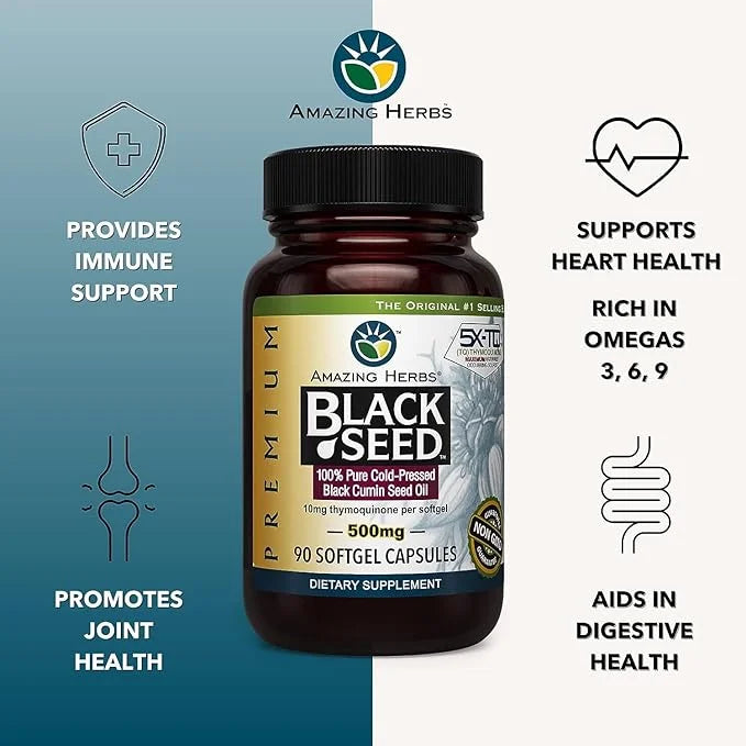 Amazing Herbs Premium Black Seed Oil Capsules - Gluten Free, Non GMO, Cold Pressed Nigella Sativa Aids in Digestive Health...