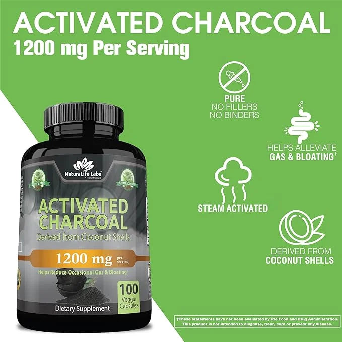 Activated Charcoal Capsules - 1,200 mg Highly Absorbent Helps Alleviate Gas & Bloating Promotes Natural detoxification Der...