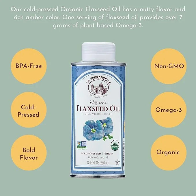 La Tourangelle, Organic Flaxseed Oil, Essential Omega-3 to Improve Heart Health, Vegan, Non-GMO, Gluten-Free, Kosher, Cast...