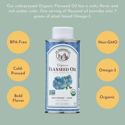 La Tourangelle, Organic Flaxseed Oil, Essential Omega-3 to Improve Heart Health, Vegan, Non-GMO, Gluten-Free, Kosher, Cast...
