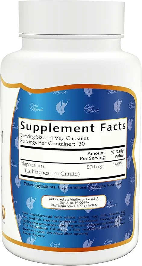 Coco March Magnesium Citrate - Relaxation- Sleep - Nervous & Digestive System Support, Gluten Free, Soy Free, Dairy Free, ...