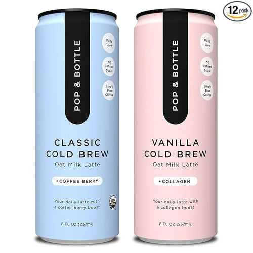 Pop & Bottle Classic & Vanilla Oat Milk Lattes - Cold Brew, Marine Collagen & Antioxidants, MCT Oil, Organic, Dairy Free, ...