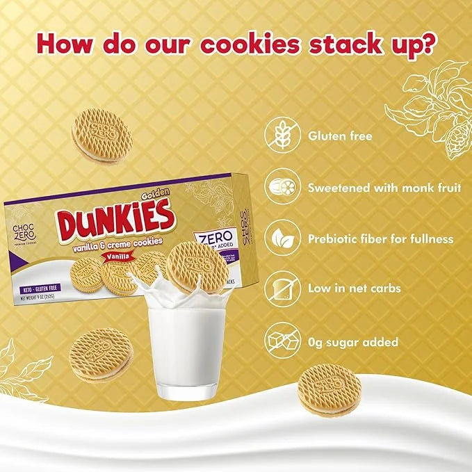 ChocZero Gluten-Free Vanilla Sandwich Cookies with Creme - Low Sugar, Keto Friendly Dunkies (1 Box, 9oz) - Product Image