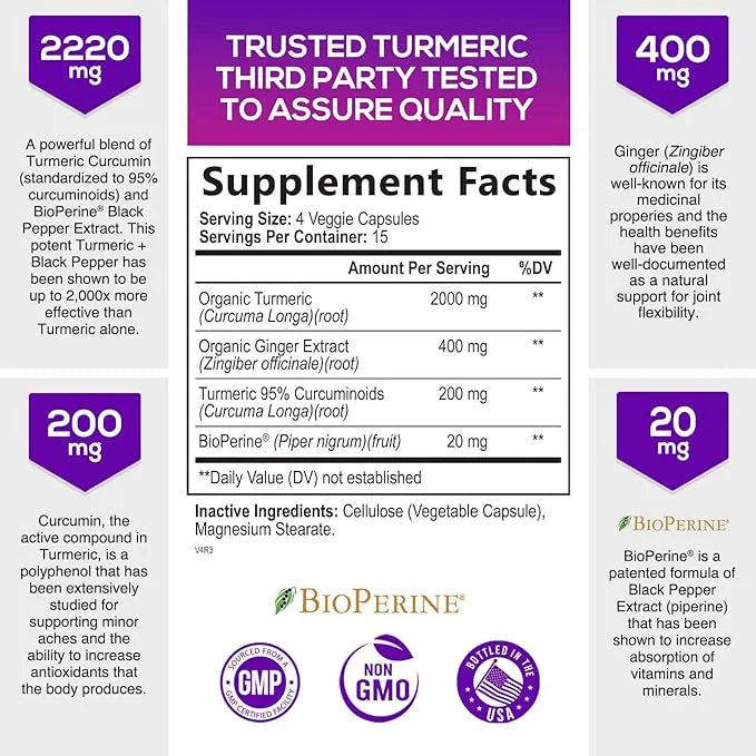 Turmeric Curcumin with BioPerine Black Pepper 95% Standardized 2600mg for 60 Capsules