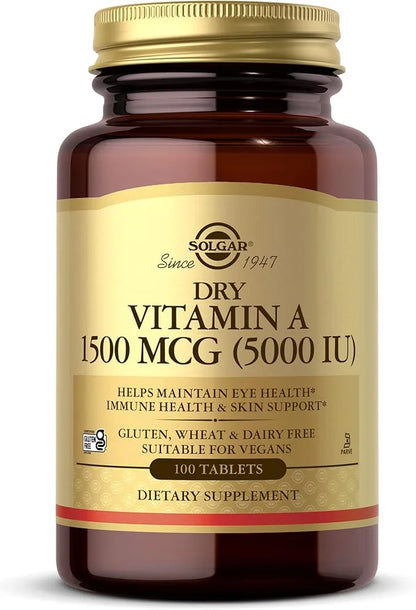 Solgar Dry Vitamin A 1500 mcg (5000 IU), 100 Tablets 100 Servings