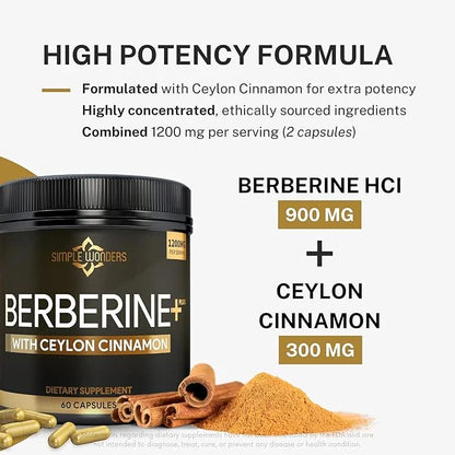 Berberine 1200mg HCL Plus Ceylon Cinnamon Capsules - Metabolic & Immune Support Berberine Supplement, AMPK Metabolic Activ...