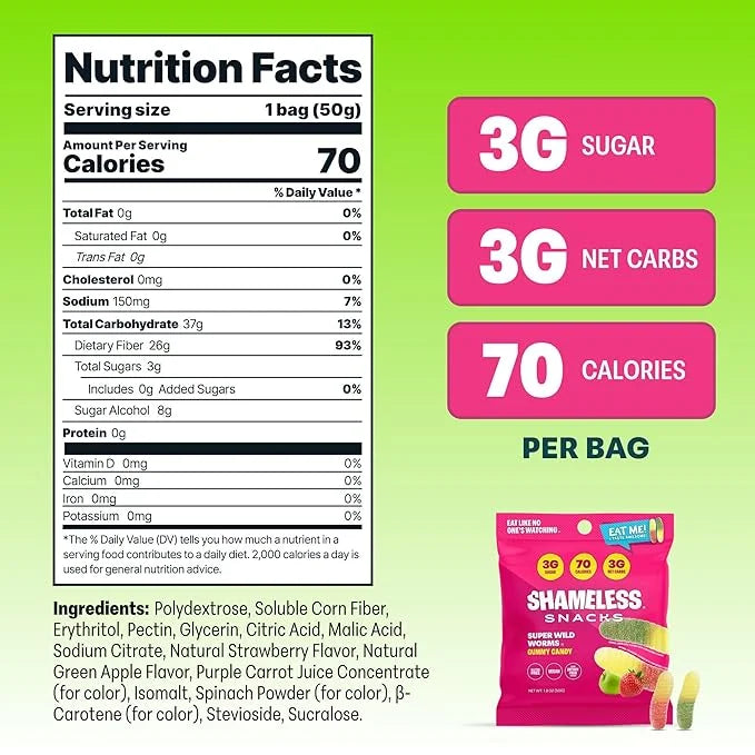 Shameless Snacks - Healthy Low Calorie Snacks, Low Carb Keto Gummies (Gluten Free Candy) - 6 Pack Wild Worms - Product Image