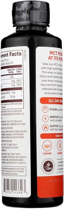 Nutiva Organic C8 MCT Oil, Ultimate Keto Fuel from Non-GMO Coconuts, 14g MCT 12 Fl Oz, USDA Organic, Whole 30, Vegan & Glu...