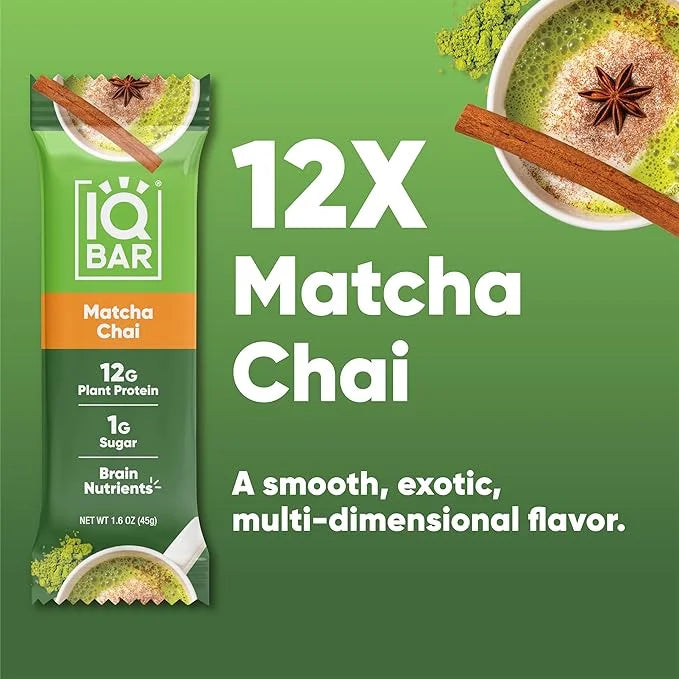 IQBAR Brain and Body Plant Protein Bars - Matcha Chai - 12-Count Low Carb - Gluten Free, High Fiber, Vegan Snacks - Low Su...