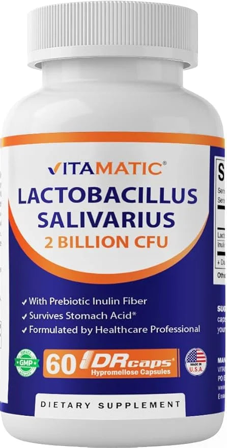 Vitamatic Lactobacillus Salivarius 2 Billion per DR Capsule - 60 Count - Digestive Support - Made with Prebiotic Inulin Fi...
