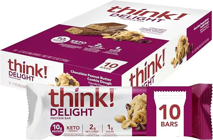 think! Delight, Keto Protein Bars, Healthy Low Carb, Gluten Free Snack - Chocolate Peanut Butter Cookie Dough, 10 Count (P...