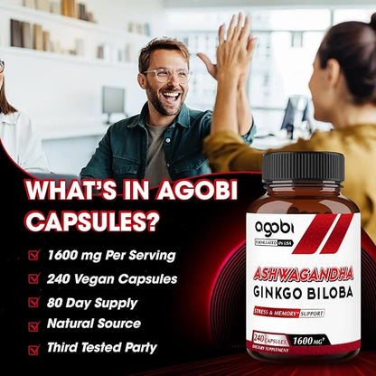 agobi 1600mg Ashwagandha with Ginkgo Biloba Supplement 240 Veggie
