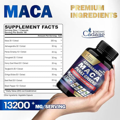 Organic Cadane Maca Root 9000mg Ashwagandha 900mg Panax 450mg Supplement 90 Capsules 3 Months