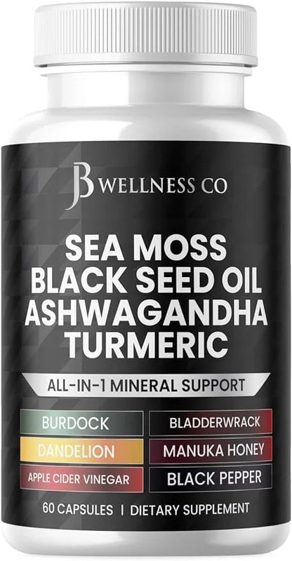 Sea Moss 3000mg Black Seed Oil 2000mg Ashwagandha 1000mg Turmeric 1000mg Bladderwrack 1000mg Burdock 1000mg & D3 with 60 C...