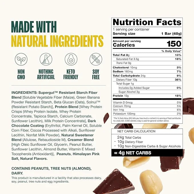 Supergut GLP-1 Boosting Prebiotic Bars, Peanut Butter Chocolate - Gut Healthy Protein Snacks & Breakfast Bars - Keto-Frien...