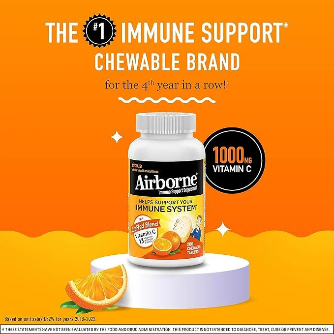 Airborne 1000mg Chewable Tablets with Zinc, 200 Tablets,