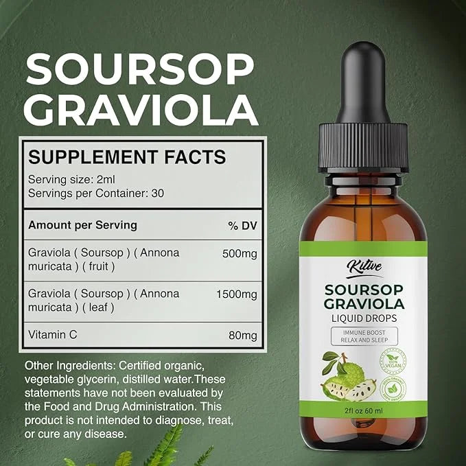Soursop Graviola Liquid Drops, Nature & Pure Soursop Graviola Extract for Cell Support & Regeneration, Immune Boost, Relax...