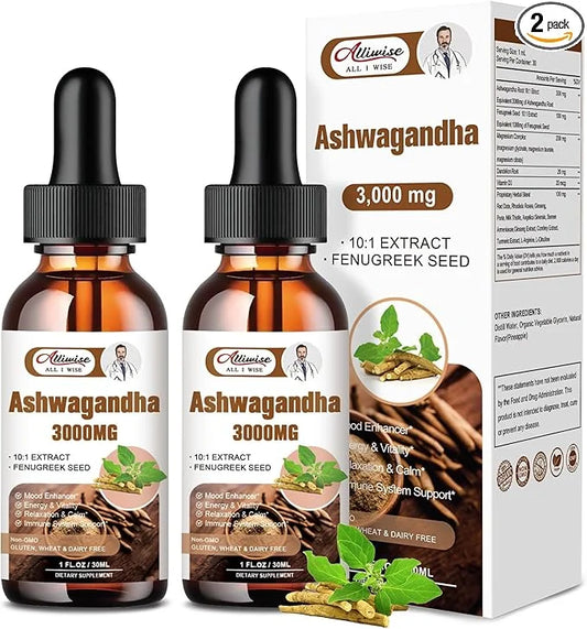 2 Pack Ashwagandha Supplement Liquid Drops 3000mg with VitaminD3,Fenugreek Seeds，Magnesium