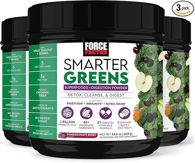 Force Factor Smarter Greens Superfoods + Digestion Powder, 3-Pack, Greens Powder with 2 Billion Probiotics, Digestive Enzy...
