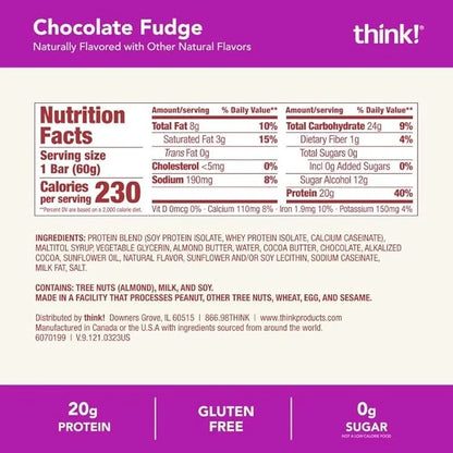 think! Protein Bars, High Protein Snacks, Gluten Free, Kosher Friendly, Chocolate Fudge, Nutrition Bars, 2.1 Oz per Bar, 1...
