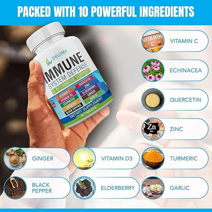 10 in 1 Immune System Support Supplement (1000 mg), D3 (5000iu), (5000iu), Zinc (40 mg),